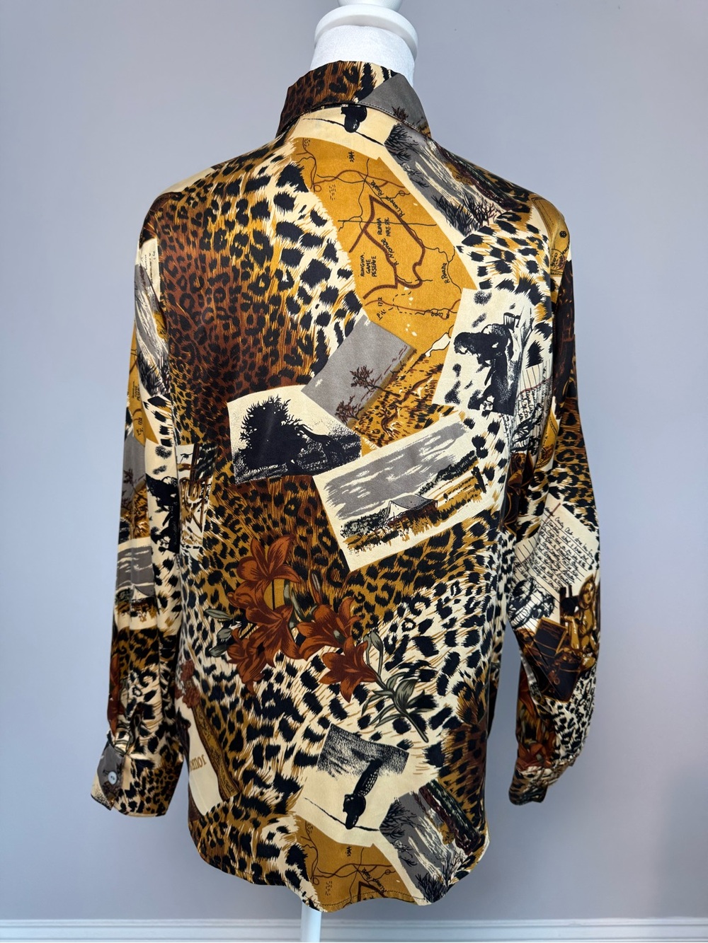 Paolo Santini Safari World Traveler 100% Silk Leopard Button Down Blouse Vintage - Picture 3 of 9